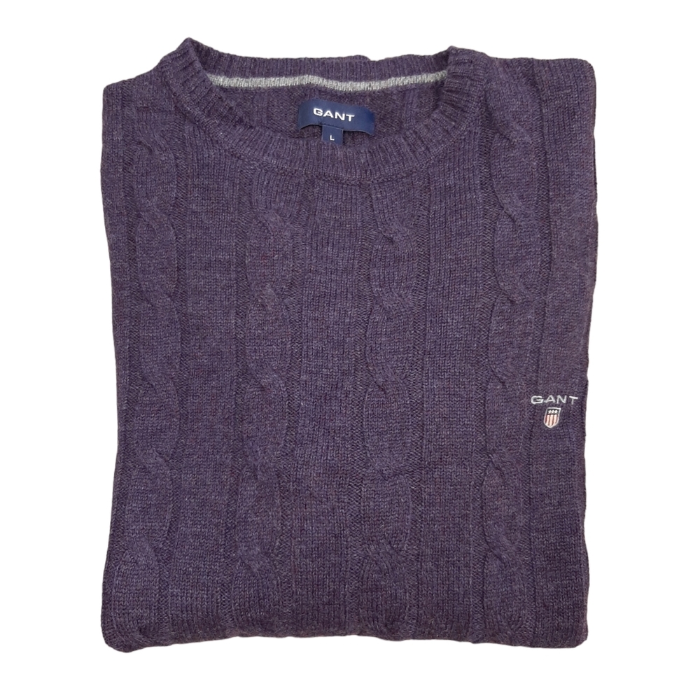 GANT Men's Crew Neck Cable Knit Jumper Sweater Size Large 100% Lambswool Purple - Picture 3 of 11